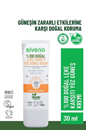 Siveno %100 Doğal Yüz Güneş Kremi Leke Karşıtı Aydınlatıcı Çinko Mineral Filtre UVA UVB SPF 50+ 30 ml